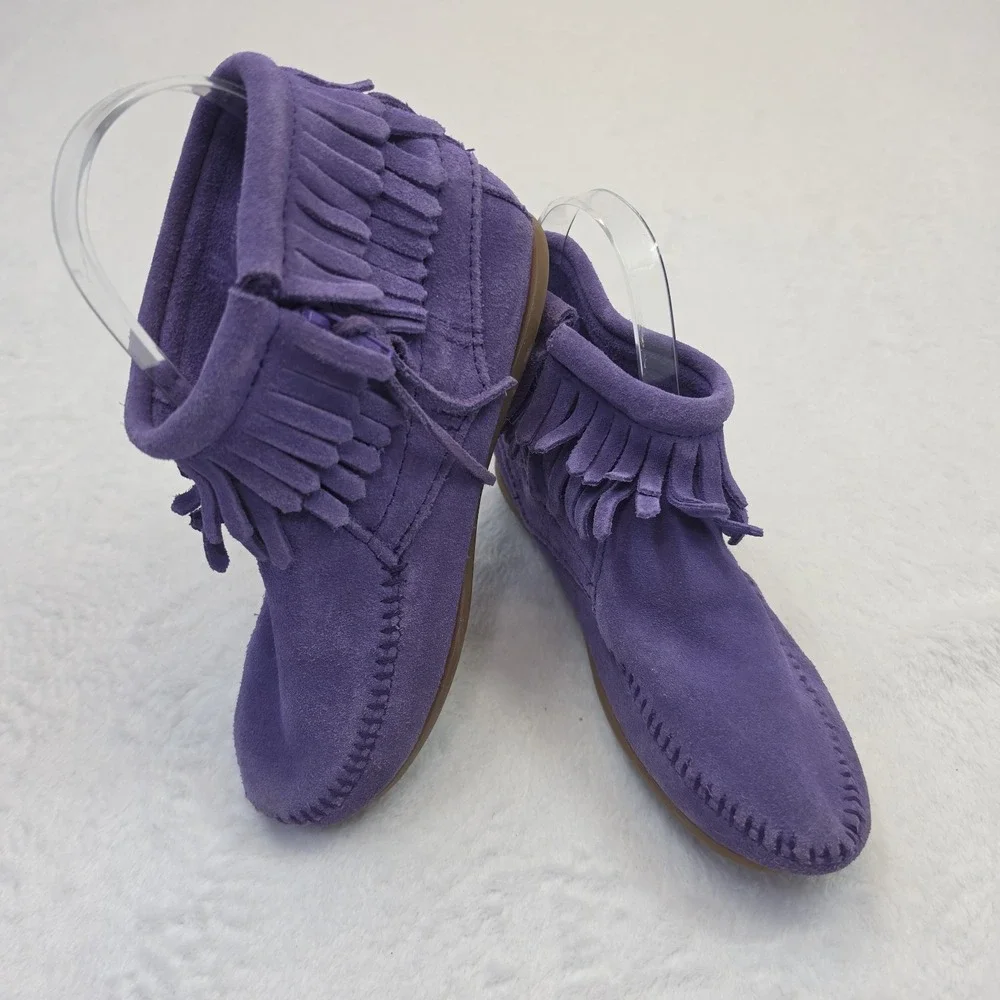 Minnetonka Kids Purple Suede Fringe Moccasin Ankle Boots Youth Size 1